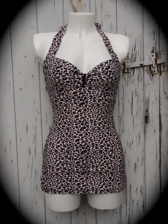 1950s Pin Up Girl Leopard Print Swimming Costume 10 12 14