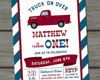 Vintage Truck Birthday Invitation, Pick Up Truck Invitation, Truck Birthday Invitation, Red and Blue Truck Birthday Invitation, Trucks