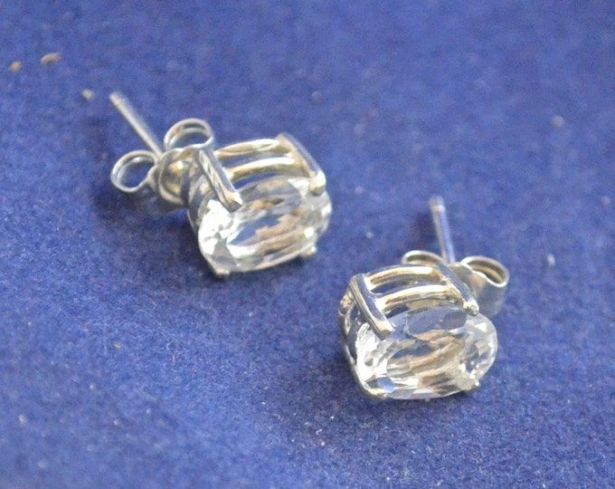 White Topaz Studs, 7x5mm Oval, Natural, Set in Sterling Silver E681