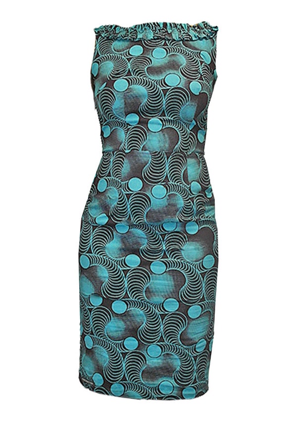 African Print Dress with Ruffle Collar Turquoise