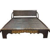 Antique Diwan, Iron Metal Carved Vintage Furniture-Rustic Indian Oxcart Daybed Dark Wood Diwan with Brass Accents