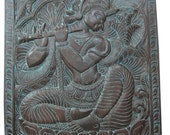 Decorative Panel Lord Krishna with His Flute, Wood Carving Door Panels