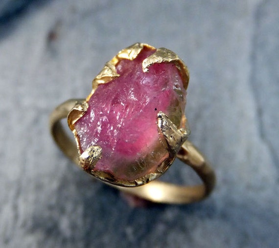 Raw Rough Uncut Watermelon Tourmaline Gold Ring Bi Color Ring green Pink Gemstone Crystal 14k recycled byAngeline