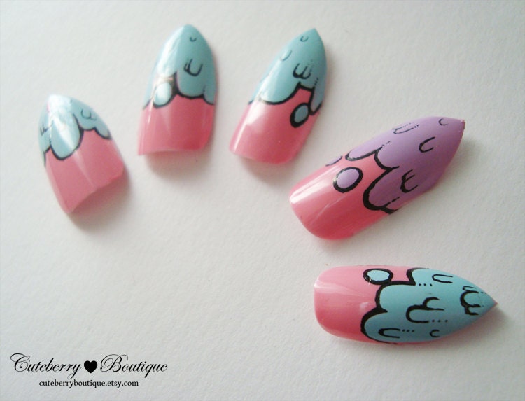 Pastel Goth Stiletto Nails Kawaii Fake Nails by CuteberryBoutique