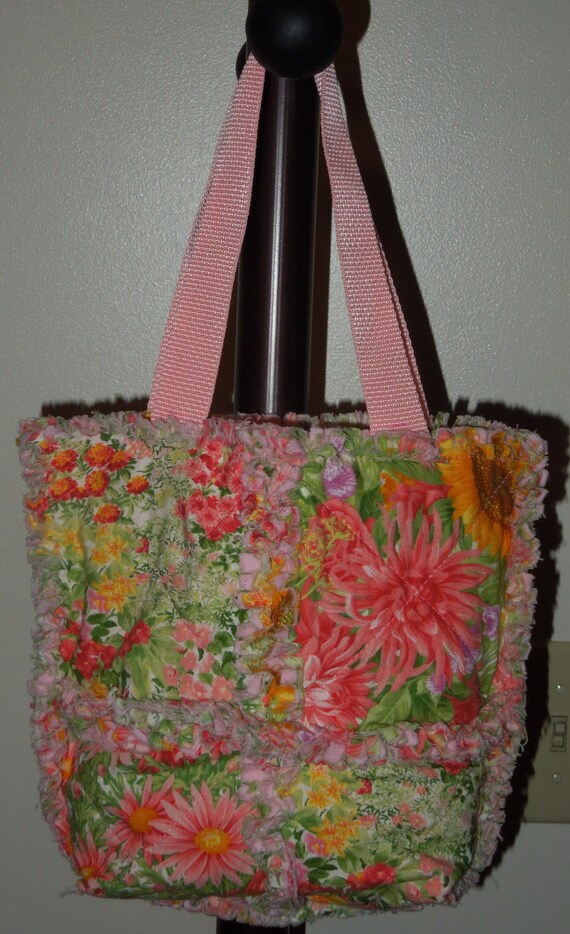 Rag Quilt Purse tote pink floral nylon straps by RagQuiltPurses