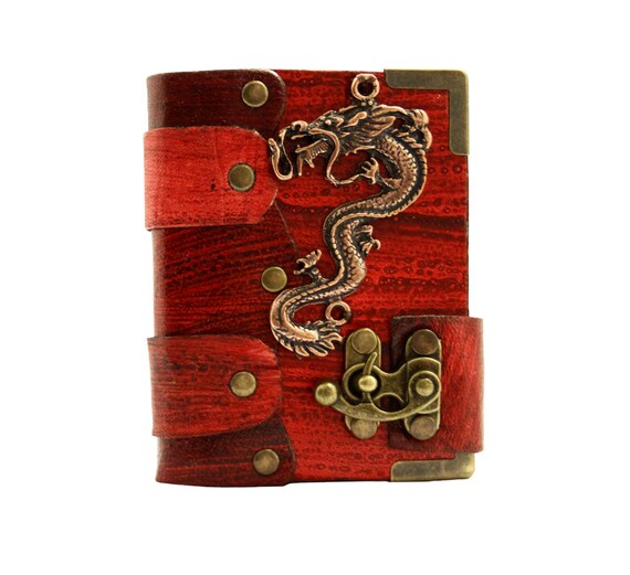 Chinese Dragon Pendant On A Red Leather Journal / Diary / Lock