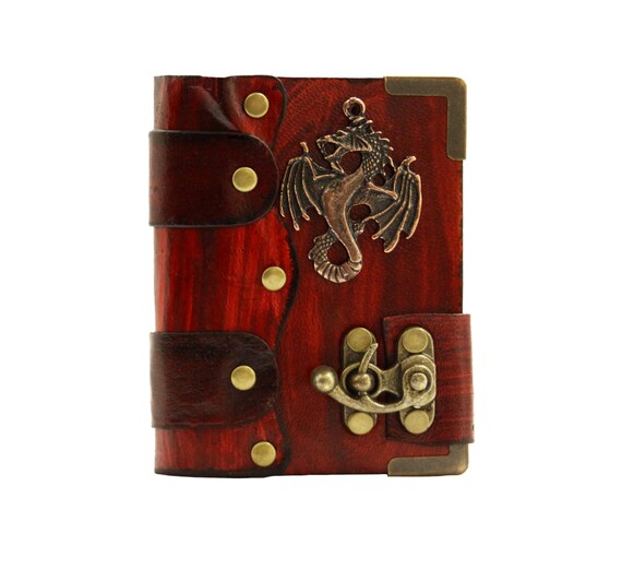 Dragon Emblem Pendant On A Red Leather Journal / Diary / Lock