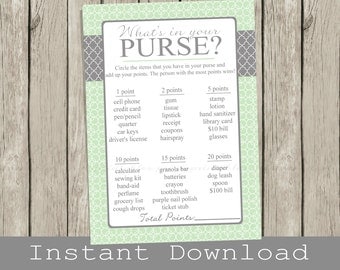 What's in your purse? Mint BRIDAL Shower Game Printable Cards , INSTANT DOWNLOAD, digital file , print your own, bridal shower purse game