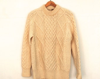 Irish Wool Pullover/ Aran Hand Knit Sweater/ Cream Wool Jumper/ Women's ...
