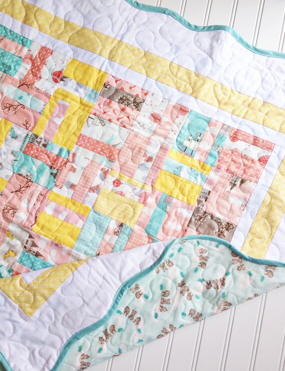 Storybook classic Baby Quilt with Scalloped edge Pink Blue Yellow Baby