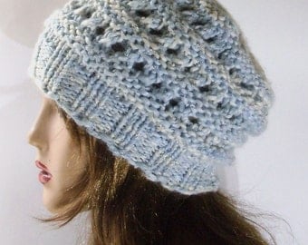 Blue Chunky Women Hat. Wool Hat. Slouchy hat. Hand Knit Hat.