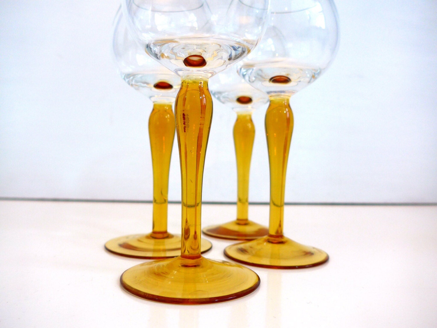Vintage Set 4 Amber Stem Wine Glasses w/ Clear Glass Bowl