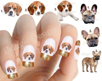 Nail Decals, Water Slide Nail Transfers, Nail Stickers, Dogs Photo Shoot - French Bulldog or Beagle