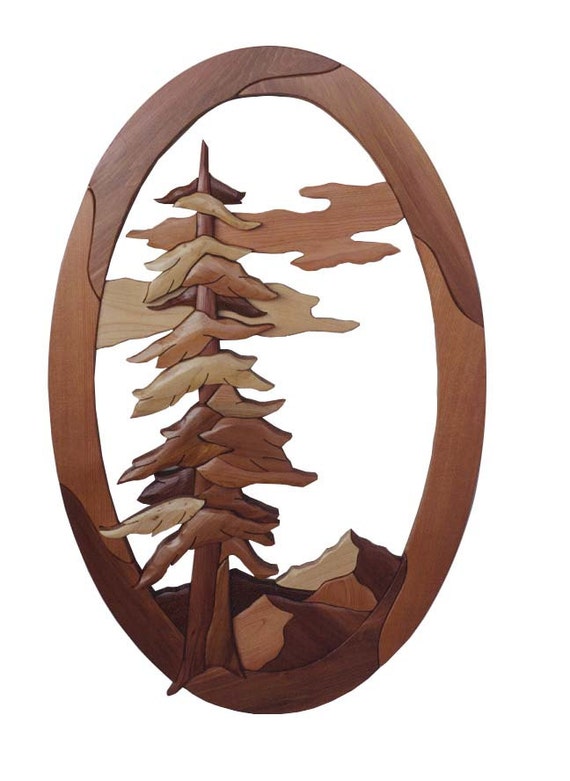 Intarsia Woodworking Pattern Pine Tree Scene