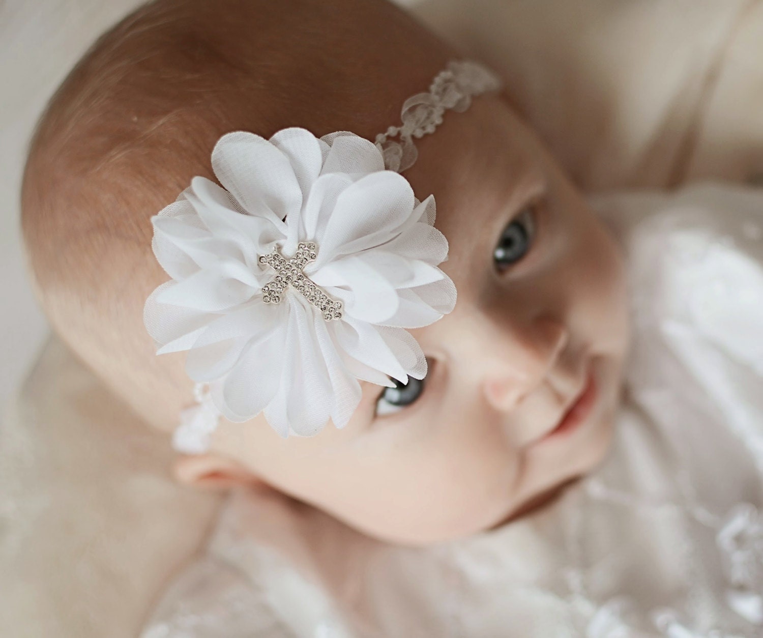 Pearl Baptism Headband Christening Headband White Cross