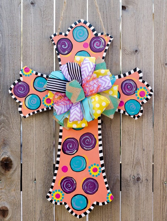 Cross Door Hanger hand painted wood with bow