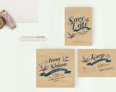 Personalised Tattoo wedding invitation. Vintage Rock n'roll Design on brown paper