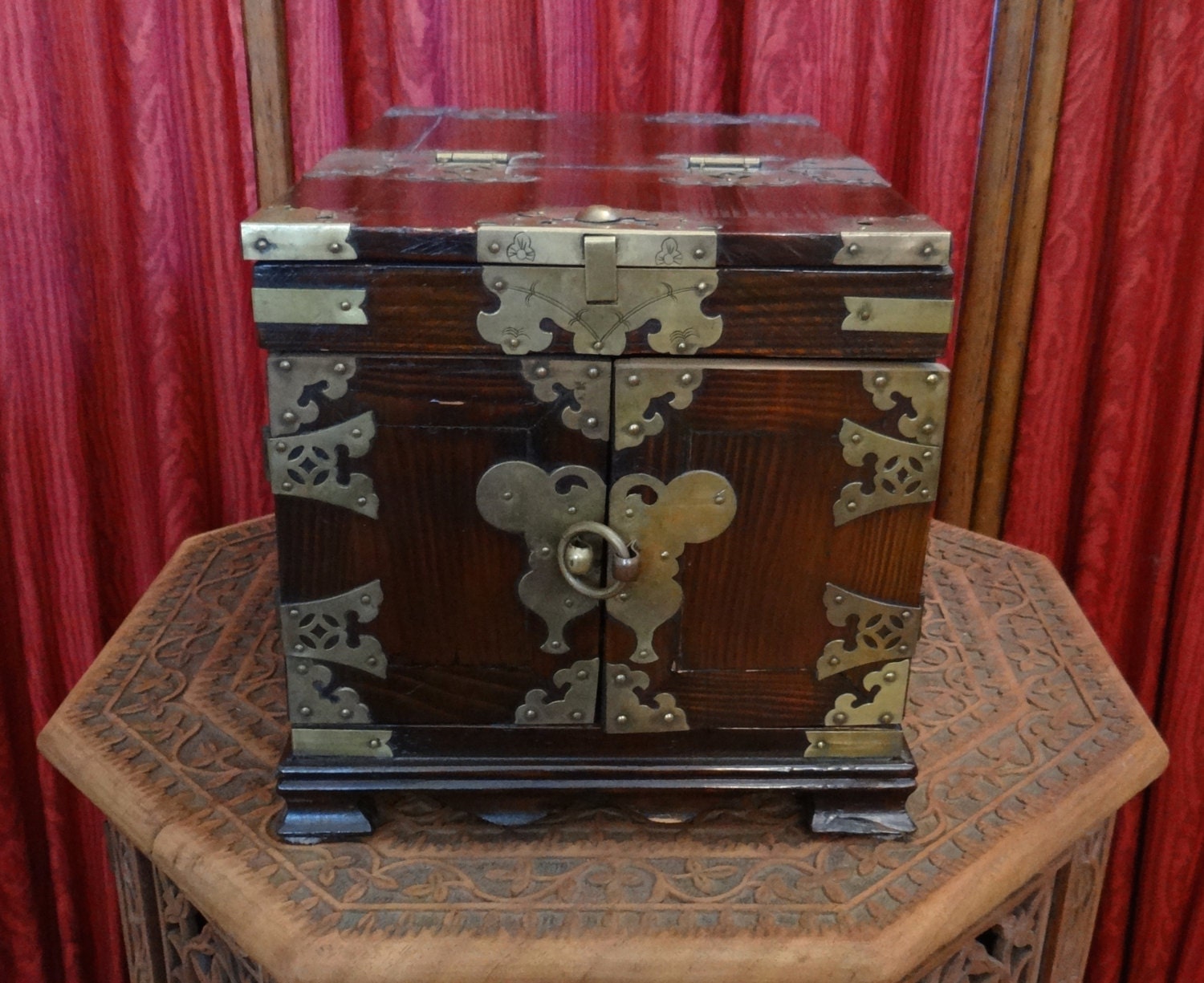 Vintage Japanese box // miniature Japanese tansu // brass and rosewood
