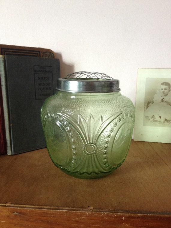 GREEN GLASS Flower vase with wire mesh frog by AnnmarieFamilyTree