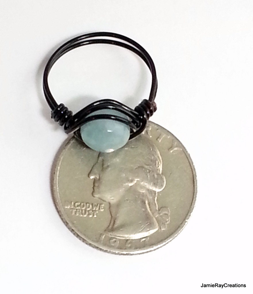 Faceted Aquamarine Ring Black Wire Wrap Ring by JamieRayCreations