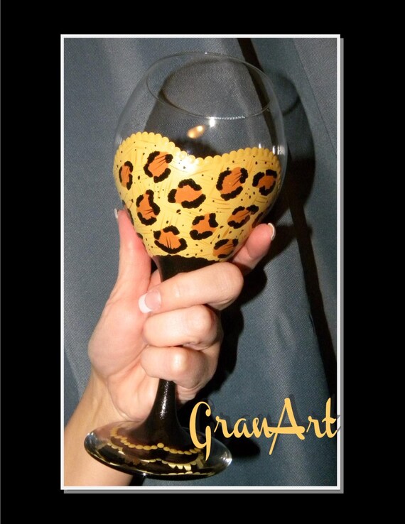 Leopard Wine Glass 2 Leopard Print Hand Painted Wine by GranArt