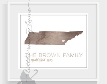 Tennessee art - watercolor tennessee map - 76 Colors to choose from and faux gold foil