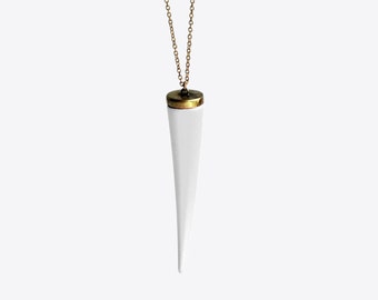 Long Matte White Italian Horn Necklace, On Gold 38 Inch Chain, white faux claw, matte white fake tooth, matte white horn, good luck horn