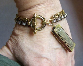 Silver Gold Vintage Chain Musical Midget Harmonica Charm Bracelet Boho Chic Vintage Repurposed Jewelry