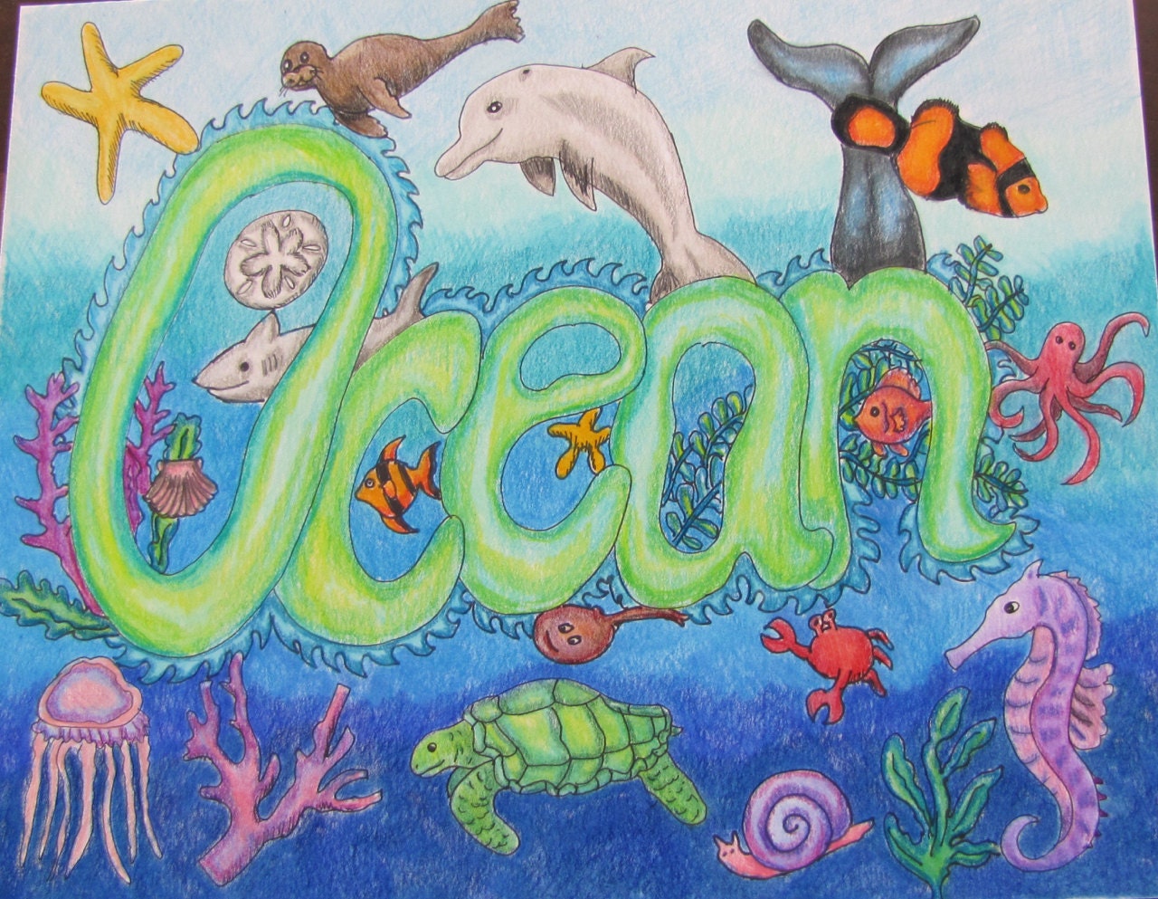 OCEAN painting drawing Original Doodle art ocean nursery art