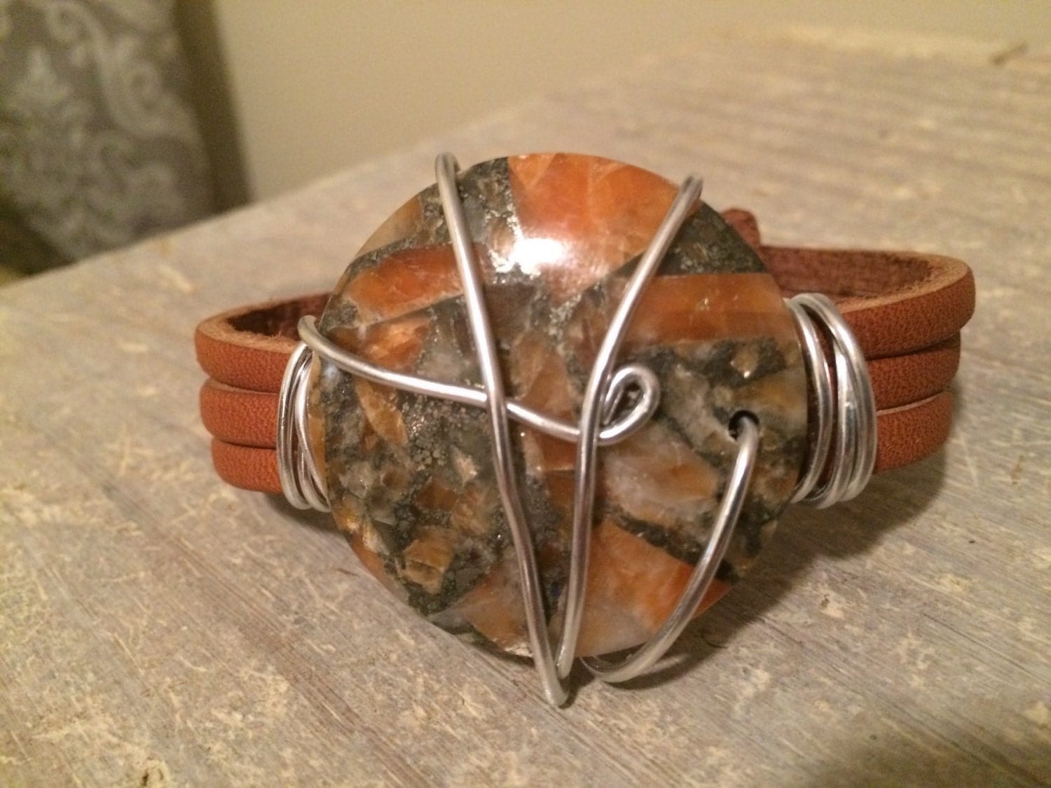 Leather Stone Bracelet Wire Wrapped Quartz And By Revivalstones