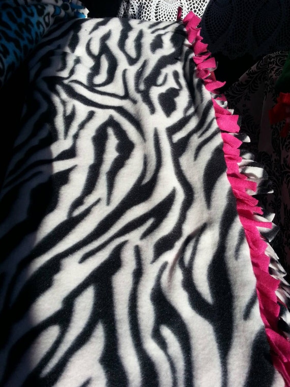 Beautiful Zebra / Pink fleece tie blanket. Hand Made. Perfect