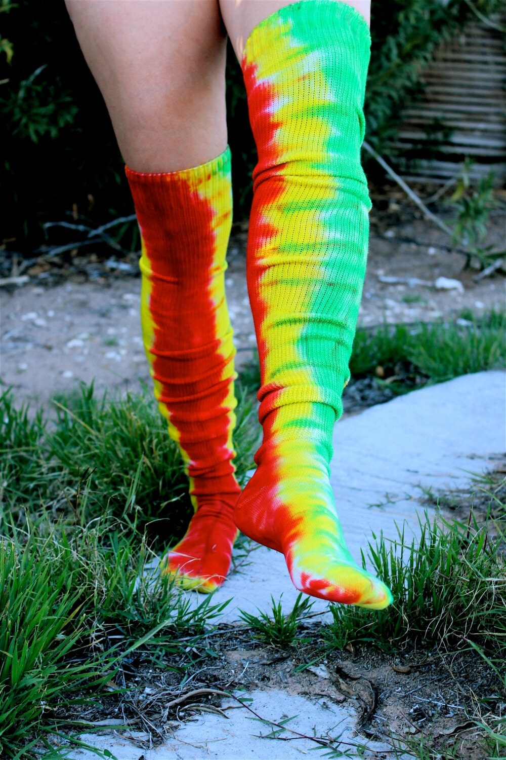 Tie Dye Thigh High Socks Rasta American Apparel 0991