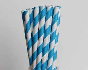 Bright Blue Striped Paper Straws-Mason Jar Straws-Sky Blue Paper Straw-Wedding Straws-Bright Blue Straws-Striped Straws-Blue Party Straws