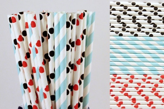 Alice in Wonderland Paper Straw Mix-Red Heart-Black Polka Dot-Light Blue Striped-Birthday Party Paper Straw-Tea Party Straws-Queen of Hearts Il_570xn