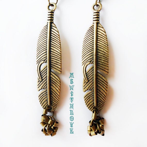 Bronze feather earrings turquoise bohemian earrings by MSwithlove