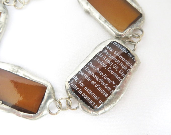 Vntage Amber Glass Links Bracelet, Perfume Bottle Silver Tone Bracelet