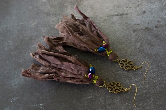 Brown Sari Silk Earrings with Beaded Peridot Wire Wrap