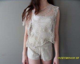 Oversize cotton cropped top. Loose knit womens summer top.