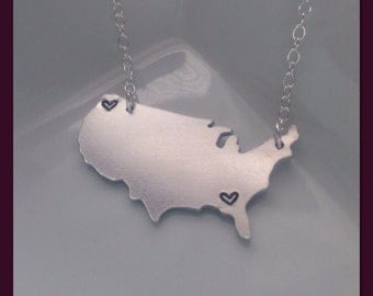 Hand Stamped Map Necklace - Personalized USA Map with Hearts Stamped By Hand - Aluminum 14g - Custom Long Distance Gift - I Miss You Gift