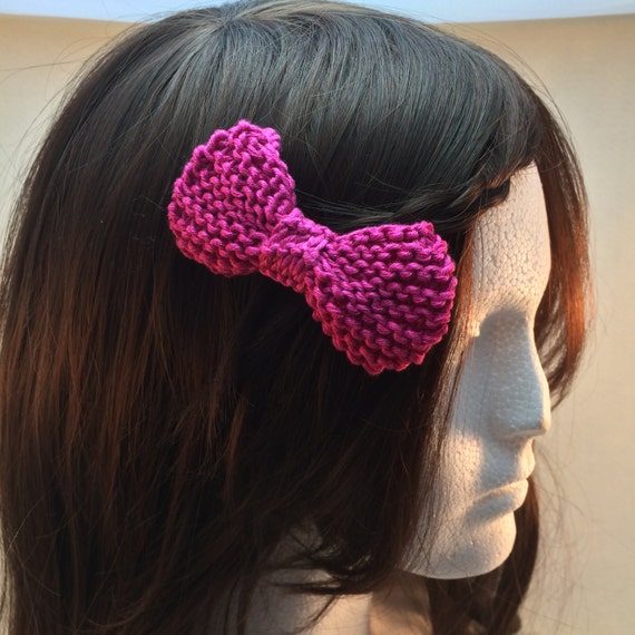 Deep pink knitted hair bow Knitted hair bow by SnugCreations
