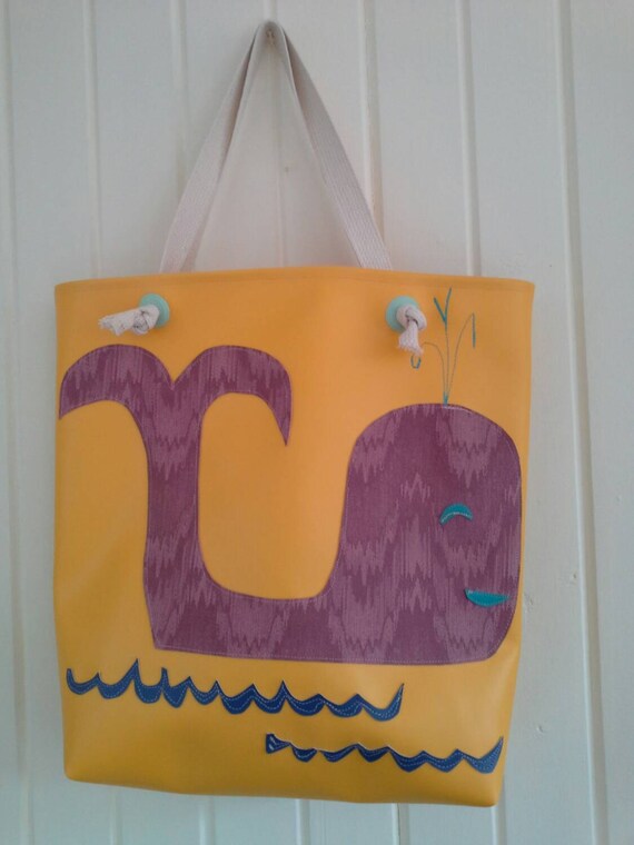 Large yellow vinyl beach bag with etched whale sea scene , sturdy ...