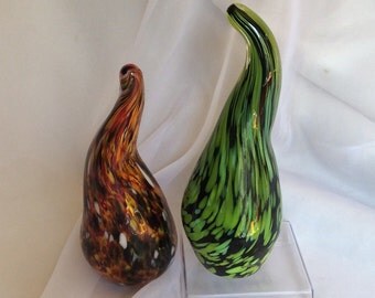 Hand Blown Glass Art Gourd Sculptures. Blown Glass Gourds in Red, Green.