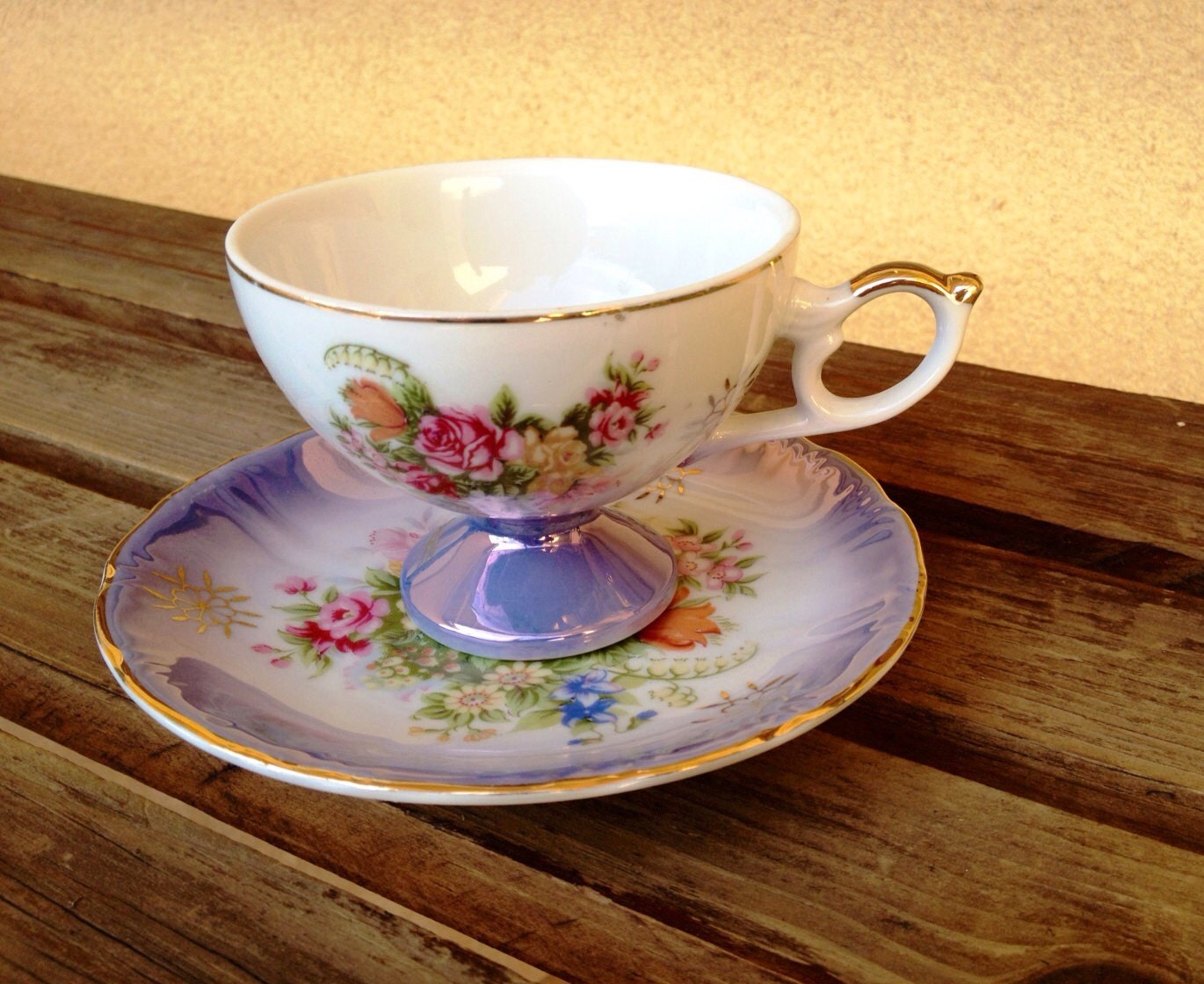 Royal Crown Footed Tea Cup and Saucer 1960's by OceanOfFlowers