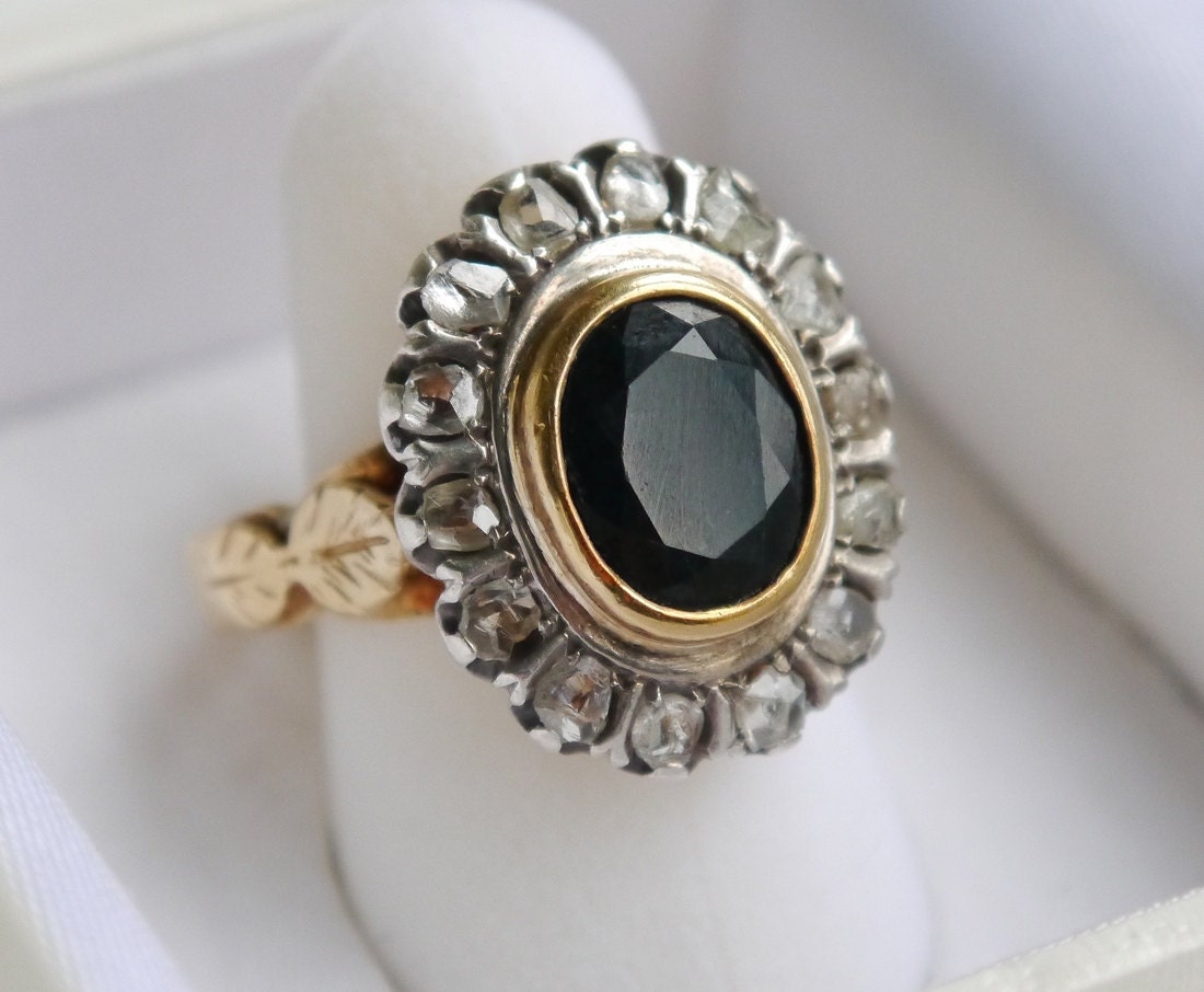 Antique Vintage Italian Ring 18K Gold 2.54ct Sapphire Diamond