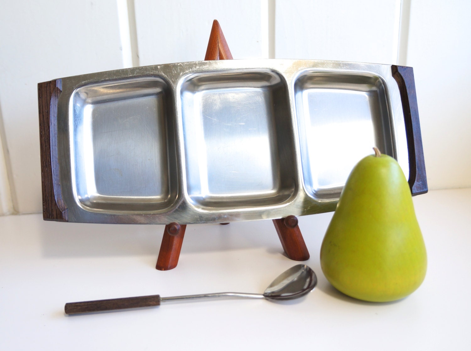 Stainless Steel and Rosewood Handled Divided Condiment Tray and Serving