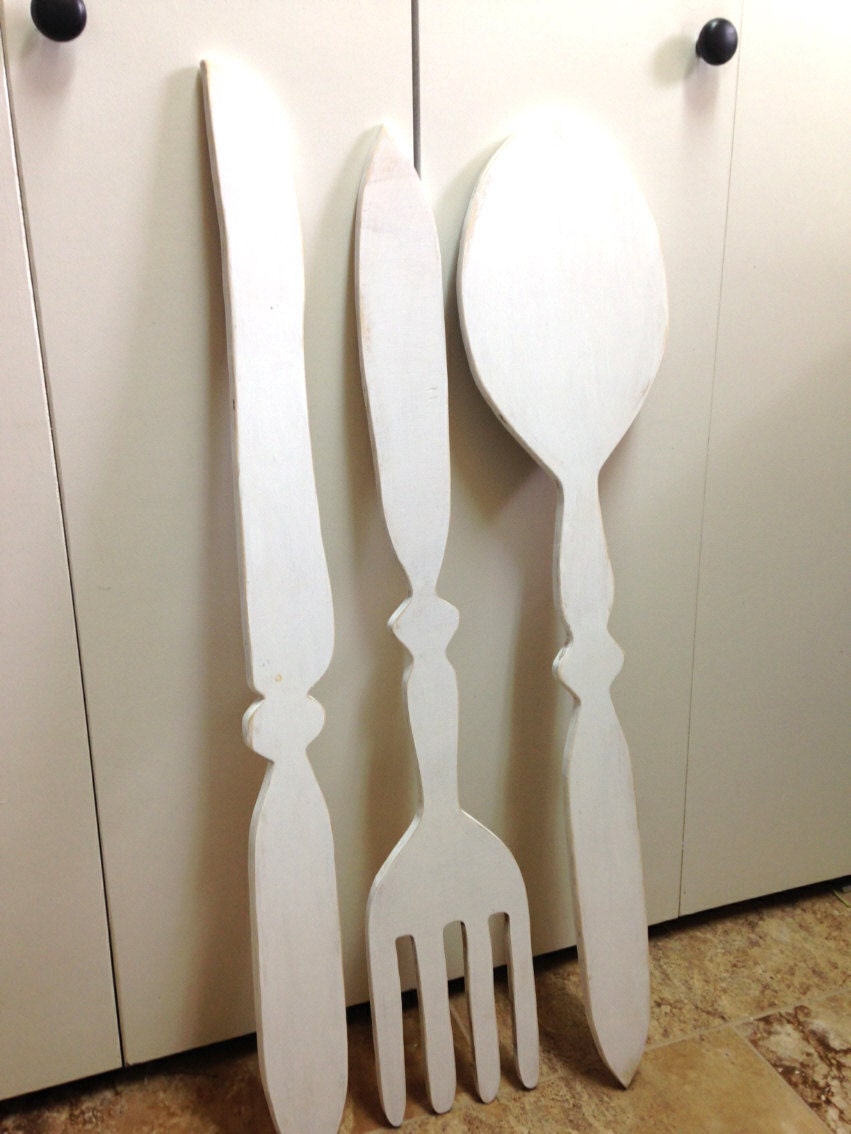 Large Wood Fork knife and Spoon kitchen decor handmade