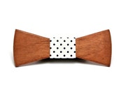EASTER SALE! Handcrafted Wooden bow tie and handkerchief, sapele wood, white in blue polka-dot  fabric. Wedding bowties. Mens bowtie