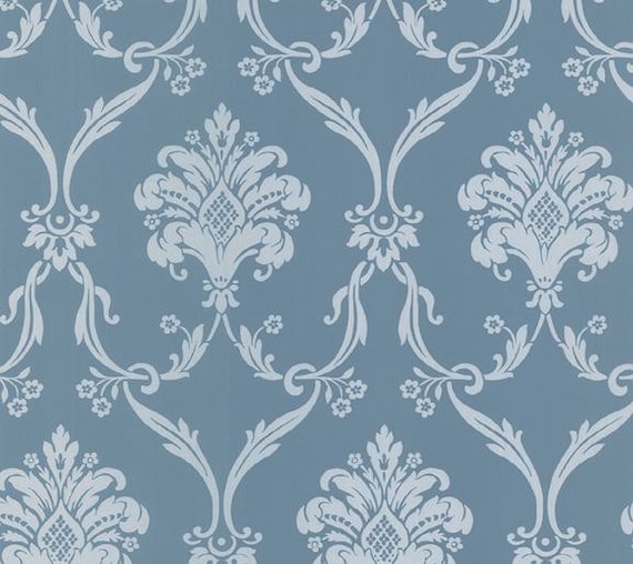 Ornate Silver and Blue Metallic Damask Wallpaper Floral