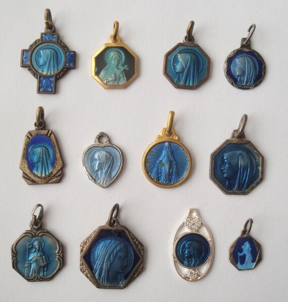 One Lot Vintage Blue Enamel Religious Medals