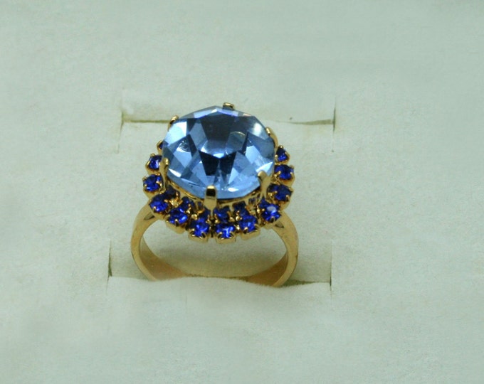 SALE 15% Swarovski Crystal Ring Blue Stones Czech Vintage 60's Gold Plated